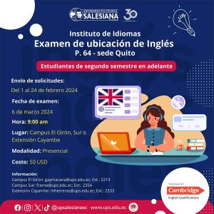 Afiche promocional del Examen de ubicación de Inglés - sede Quito